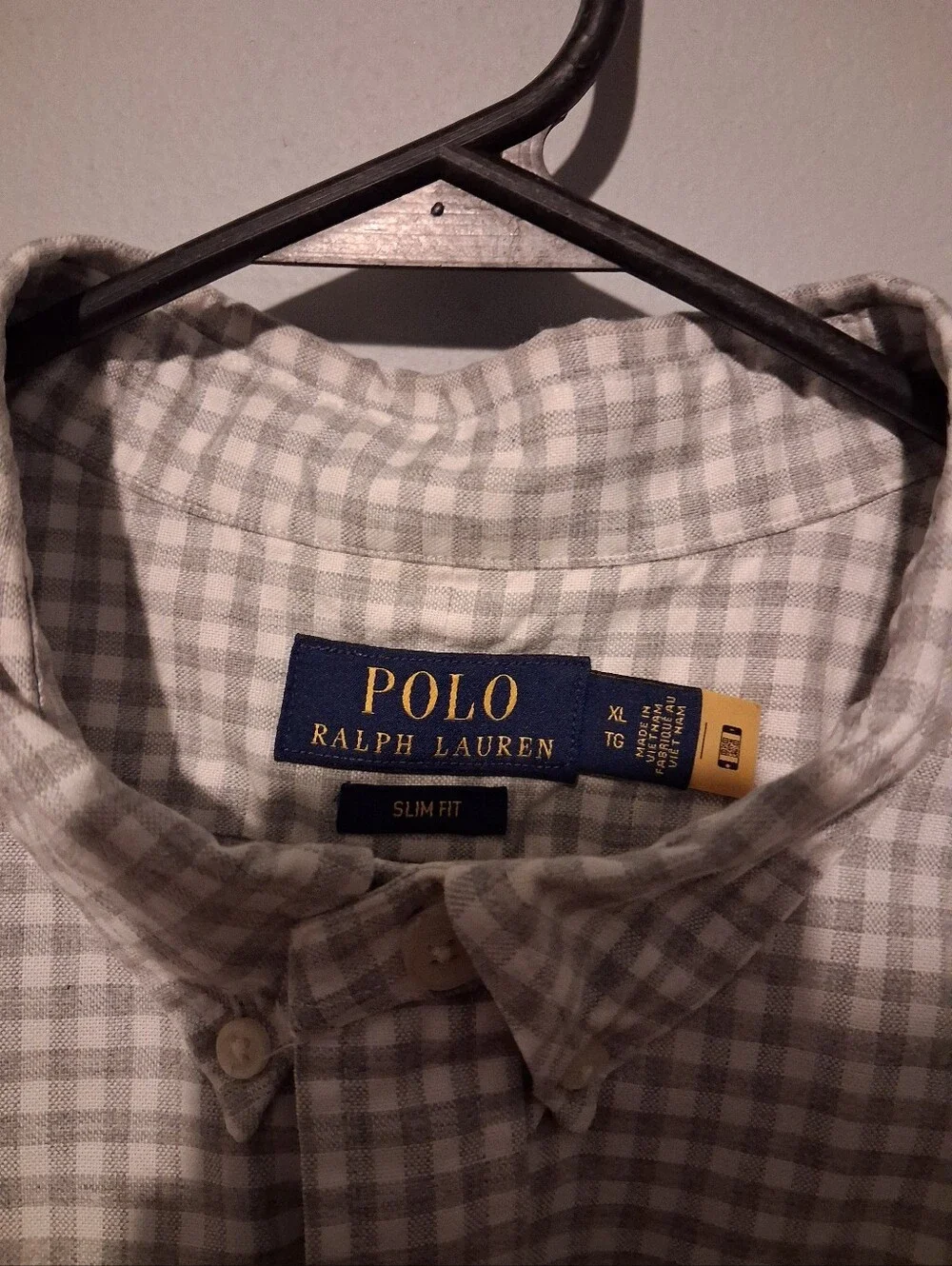 Polo Ralph Lauren Shirt Mens XL Grey Gingham Slim Fit Button Oxford Flesh Pony